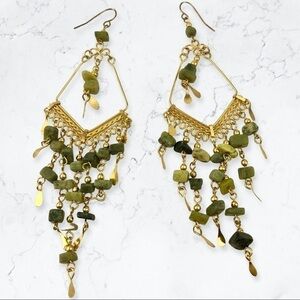 GOLD Tone Green Beaded Stones Chandelier Nuggets Drops Earrings